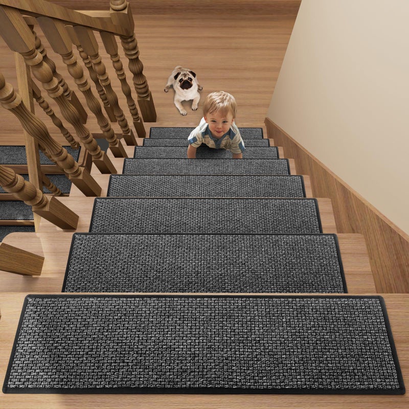 Stair Treads Carpet 4 pcs for Wooden Steps with Non Slip Rubber Backing 100 Polyester Soft Stairs Resistant Indoor Skid Runner Safety Rugs for Kids Elders and Pets 30 8 Dark Gray