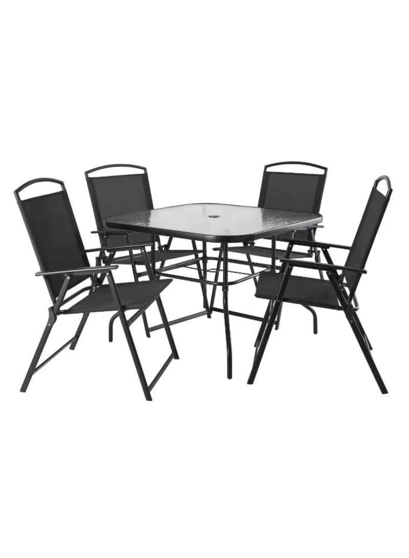 Yuwell 5-Piece Folding Dining Table Set Outdoor Table Round Patio Table Garden Table Tempered Water Ripple Glass Top For Garden Backyard Porch Deck 4 Chair Size 57.5X63.5X91CM Table Size 86X86X70CM Black - Image 1