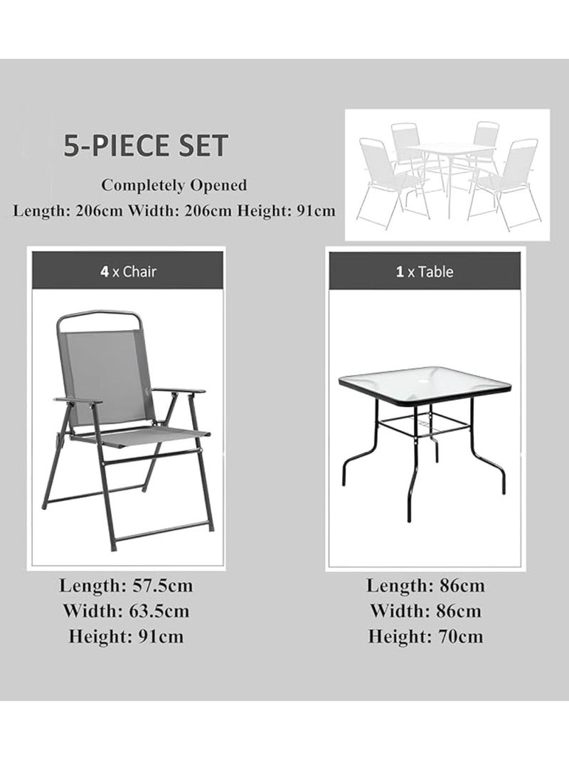 Yuwell 5-Piece Folding Dining Table Set Outdoor Table Round Patio Table Garden Table Tempered Water Ripple Glass Top For Garden Backyard Porch Deck 4 Chair Size 57.5X63.5X91CM Table Size 86X86X70CM Black - Image 2