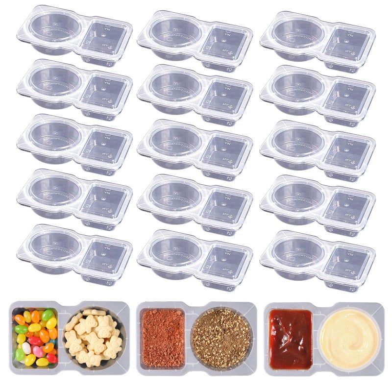 ABEJFIC 15 Sets Reusable Snack Containers, Double Compartment Condiment Containers with Lid, 2 Compartment Snack Pack Containers for Condiments or Dips, Sauce Snack, Salad Dressing, Sampling, Travel Snack - Image 1
