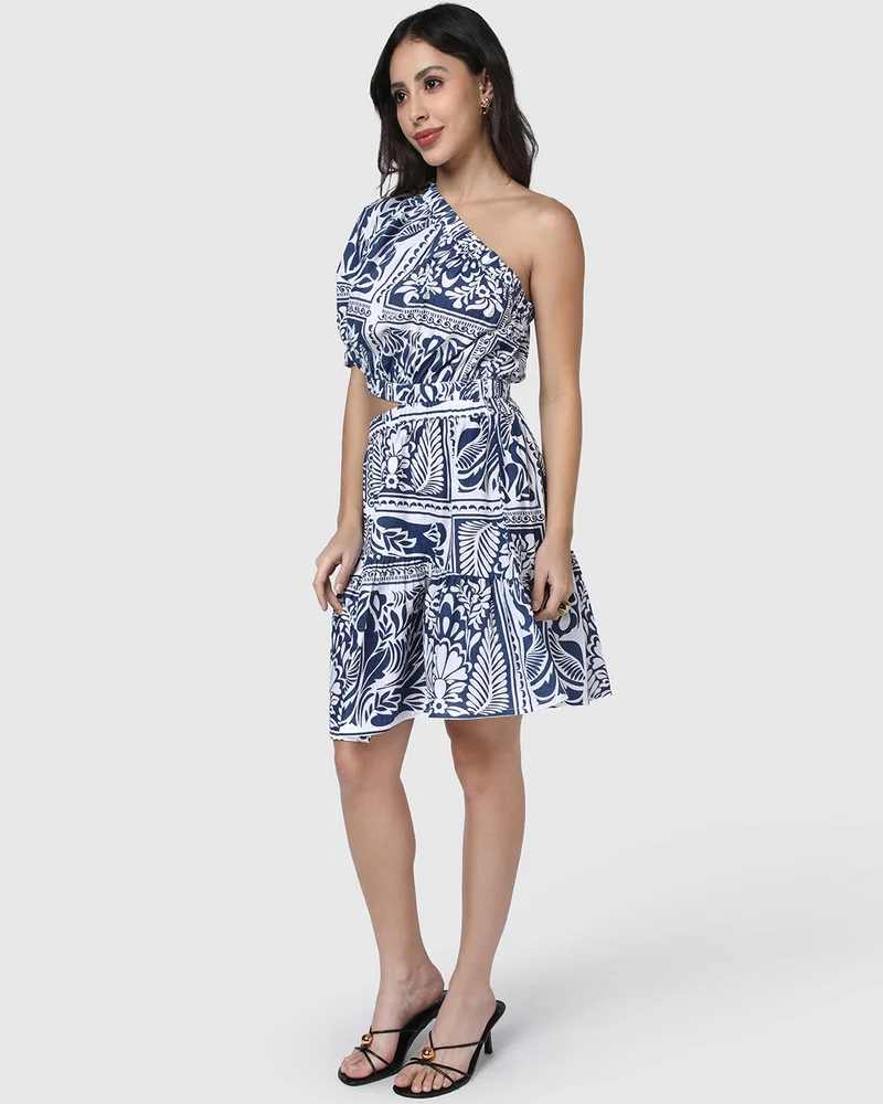 بيواكوف Women's Blue & White All Over Printed Flared Dress