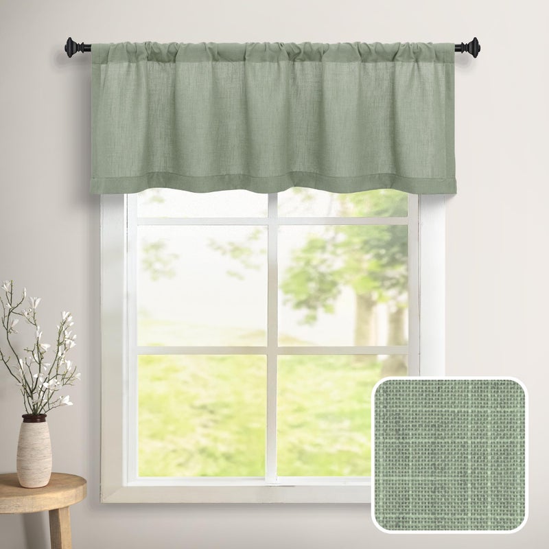 DANCURTON Sage Green Valance for Windows Kitchen Living Room Valance Rod Pocket Boho Farmhouse Country Rustic Bathroom Small Window Treatment Semi Sheer Linen Curtain Valances for Bedroom Light Sage - Image 1