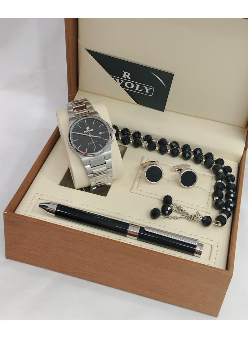 ريفولي طقم رجالي من الستانلس ستيل يتكون من ساعة وسبحة وقلم وازرار اكمام