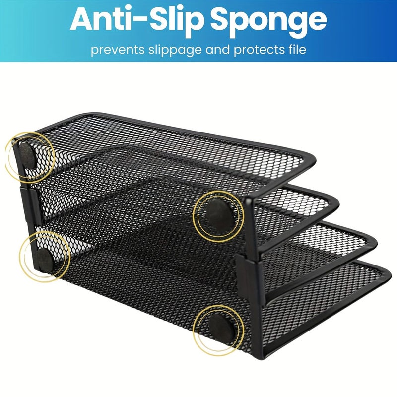 Black Desk Mail Organizer with 3 Metal Mesh Compartments for Documents and Paper - Image 3