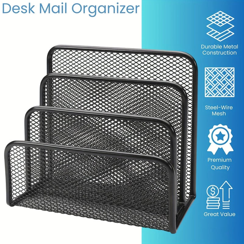 Black Desk Mail Organizer with 3 Metal Mesh Compartments for Documents and Paper - Image 5