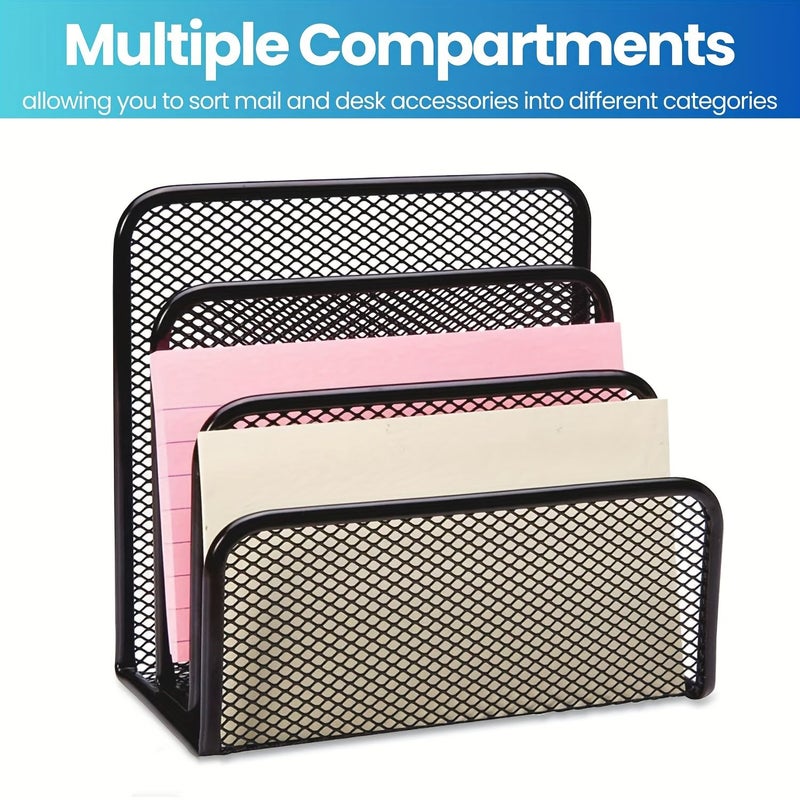 Black Desk Mail Organizer with 3 Metal Mesh Compartments for Documents and Paper - Image 2