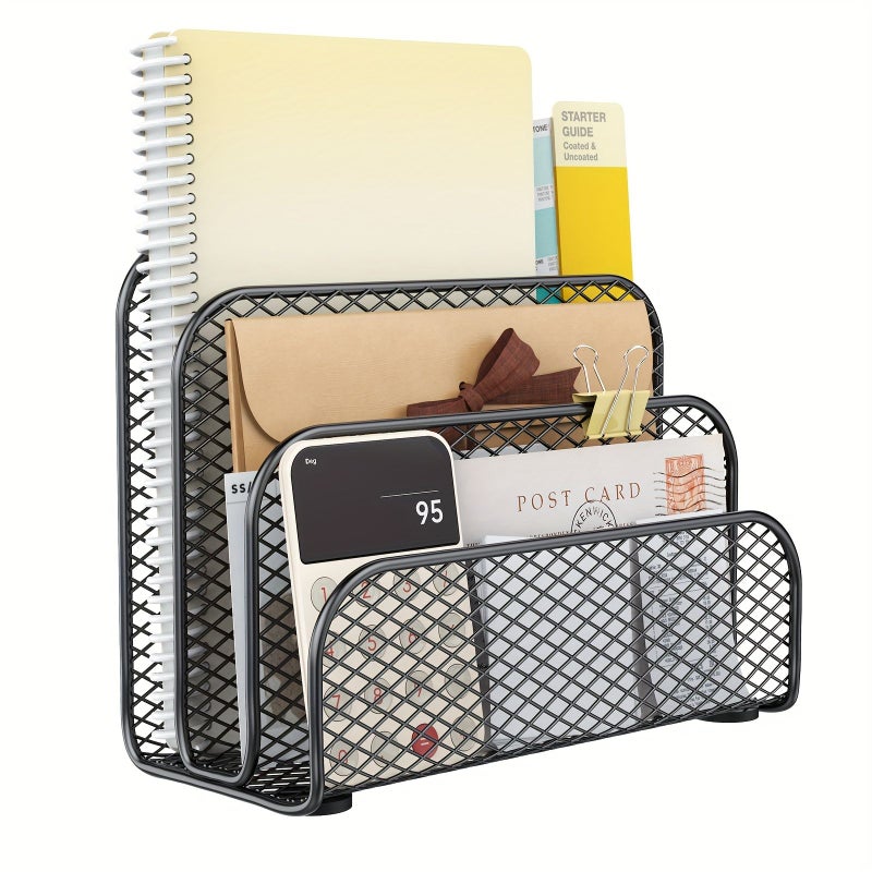 Black Desk Mail Organizer with 3 Metal Mesh Compartments for Documents and Paper - Image 1