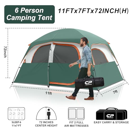 CAMPROS CP Tent-6-Person-Camping-Tents, Waterproof Windproof Family Tent with Top Rainfly, 4 Large Mesh Windows, Double Layer, Easy Set Up, Portable with Carry Bag (6 Person, Dark Green-6) - Image 2