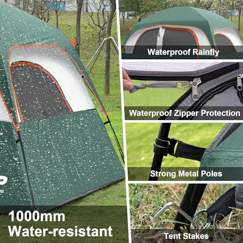 CAMPROS CP Tent-6-Person-Camping-Tents, Waterproof Windproof Family Tent with Top Rainfly, 4 Large Mesh Windows, Double Layer, Easy Set Up, Portable with Carry Bag (6 Person, Dark Green-6) - Image 3