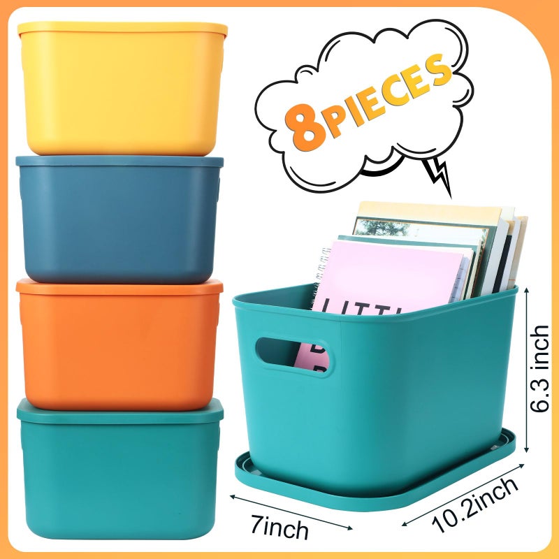 Hoolerry 8 Pieces Colorful Storage Bins with Lid, Plastic Storage Basket Organizing Container Stackable Box with Handle for Shelves Desktop Playroom Office(10.2 x 7 x 6.3 Inch,Multi-colored) - Image 2