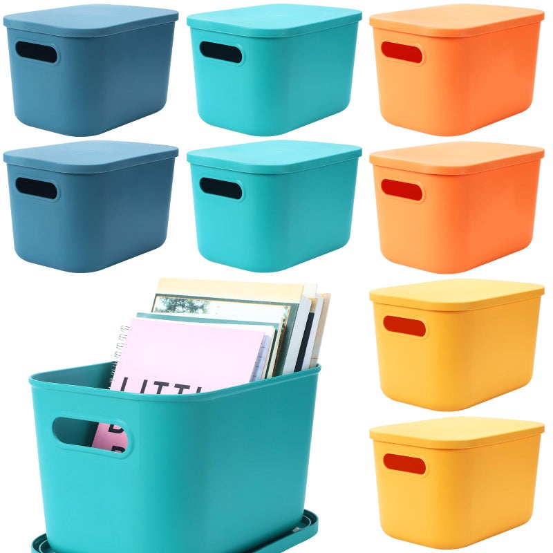 Hoolerry 8 Pieces Colorful Storage Bins with Lid, Plastic Storage Basket Organizing Container Stackable Box with Handle for Shelves Desktop Playroom Office(10.2 x 7 x 6.3 Inch,Multi-colored) - Image 1