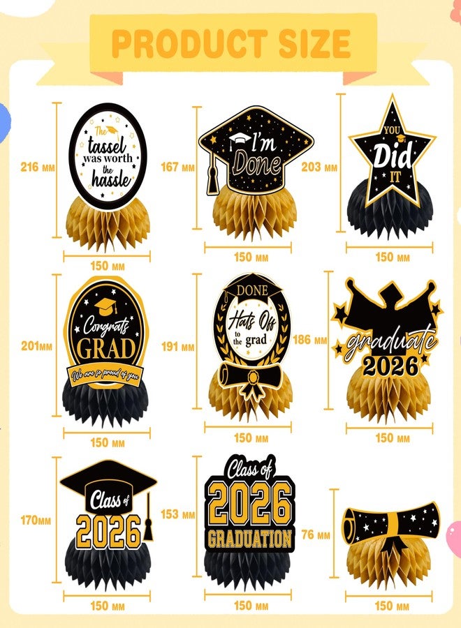 OHOME Graduation Decorations 2026 - Black Gold Graduation Honeycomb for Table Centerpiece | Graduation Party Decorations Class of 2026,Table Toppers for Graduation Party Favors Supplies Indoor Outdoor - Image 2