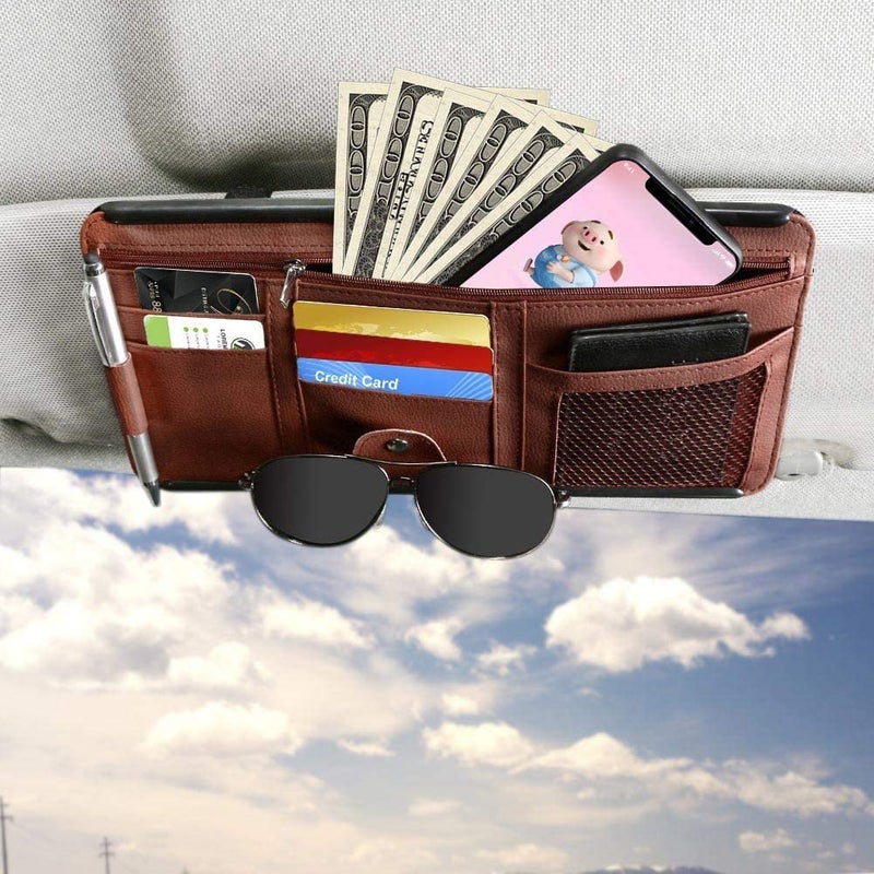 KeepCart PU Leather Multi-Function Car Space Sun Visor Organizer Hanging Phone Storage Pouch Holder (Brown) - Image 2