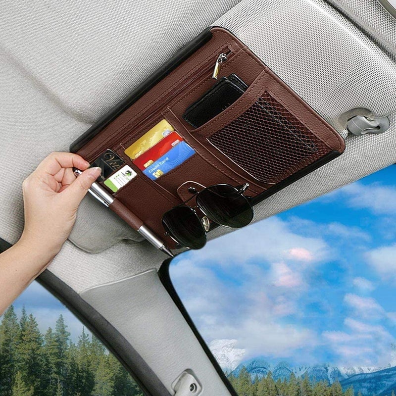 KeepCart PU Leather Multi-Function Car Space Sun Visor Organizer Hanging Phone Storage Pouch Holder (Brown) - Image 1