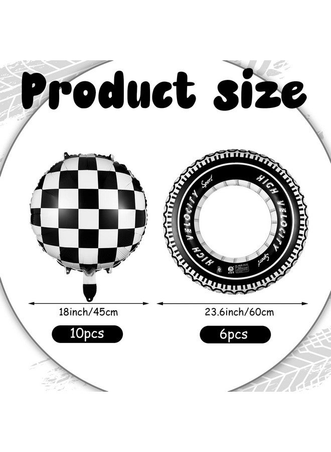 Zhanmai 14 Pcs Car Decorations Racing Cars Birthday Party Supplies 4 Tire Tube Swim Ring Inflatable Tire Floats for Pool with 10 Balloons 18 Inch Race Balloons for Birthday Party(Plaid Style) - Image 3