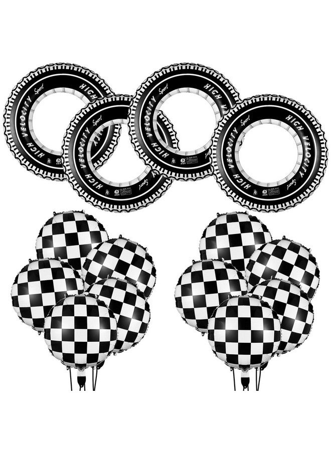Zhanmai 14 Pcs Car Decorations Racing Cars Birthday Party Supplies 4 Tire Tube Swim Ring Inflatable Tire Floats for Pool with 10 Balloons 18 Inch Race Balloons for Birthday Party(Plaid Style) - Image 1