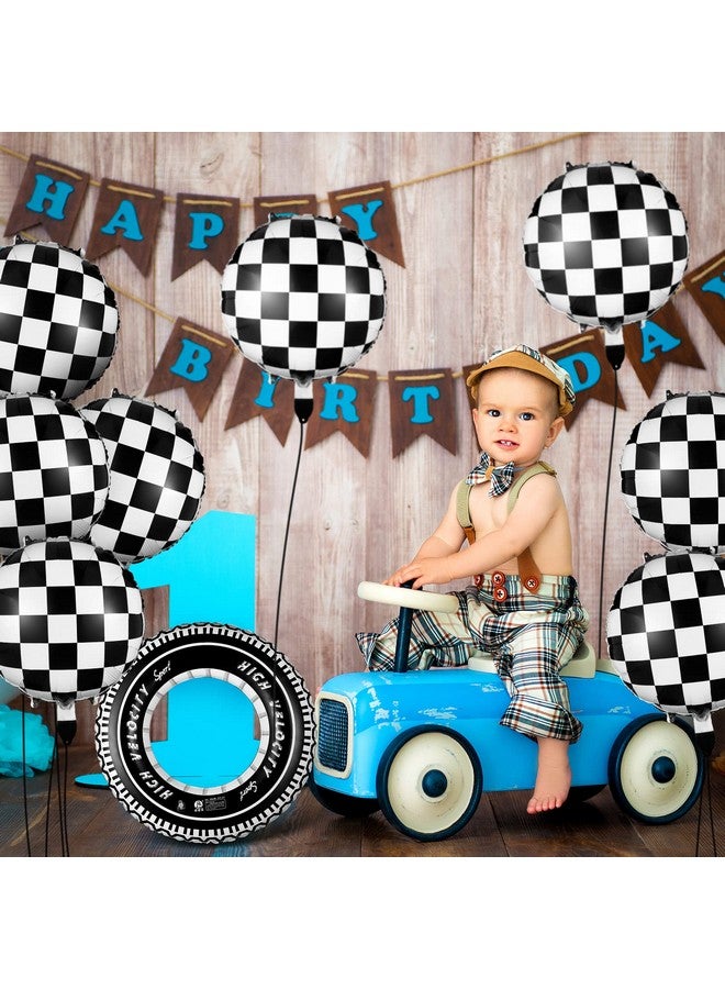 Zhanmai 14 Pcs Car Decorations Racing Cars Birthday Party Supplies 4 Tire Tube Swim Ring Inflatable Tire Floats for Pool with 10 Balloons 18 Inch Race Balloons for Birthday Party(Plaid Style) - Image 5