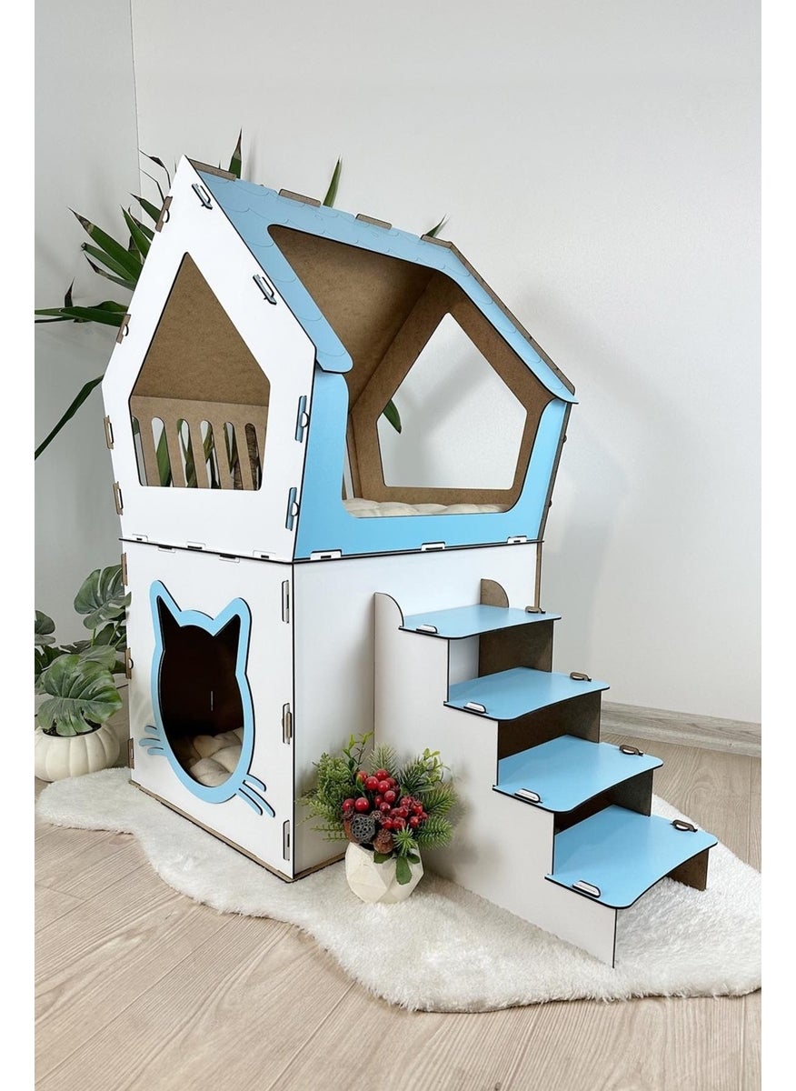 Mavi Trend - Blue Trend Wooden Large Cat House Xxl Open Terrace Model For Cats Above 5 kg Blue - White Color - Image 1