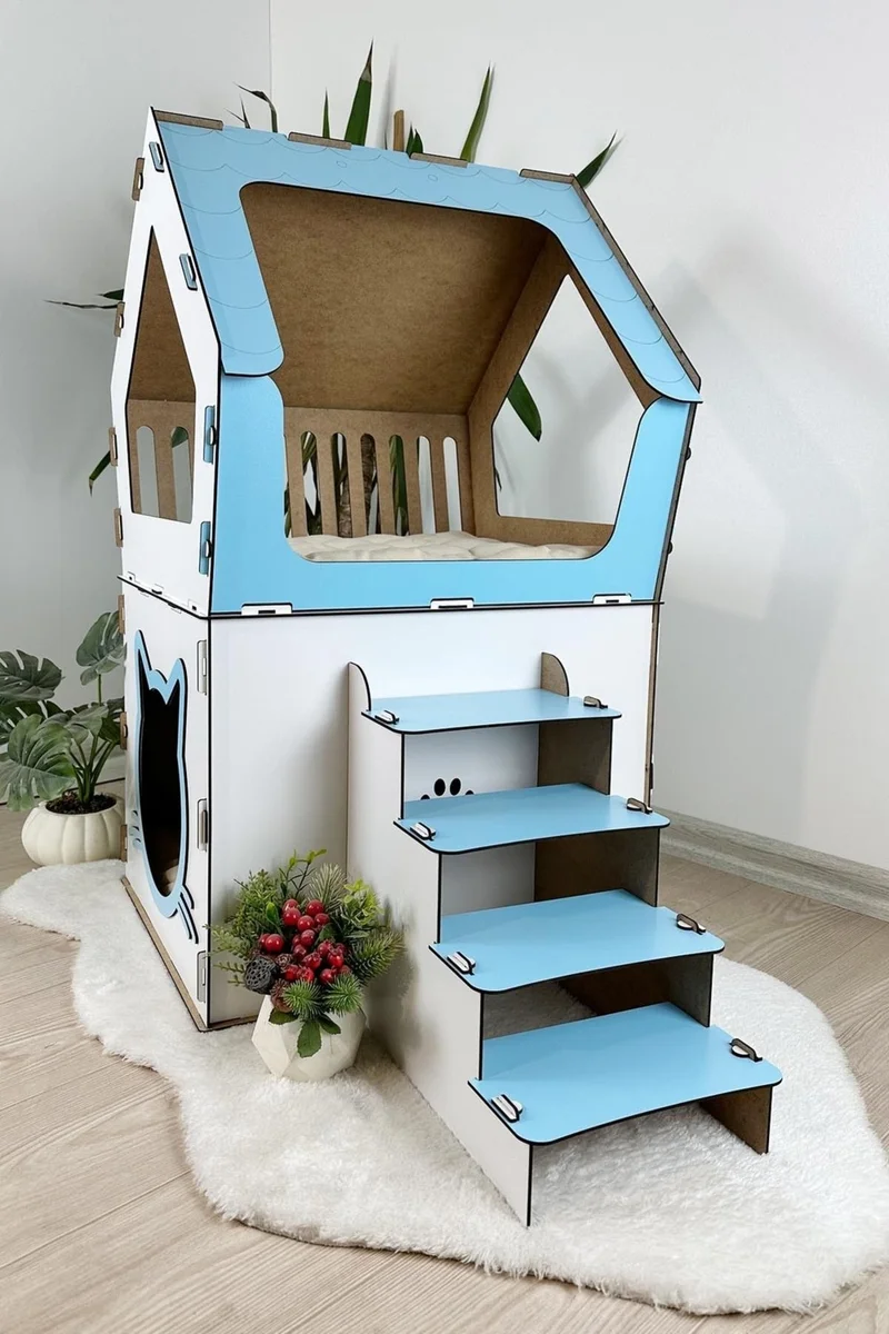 مافي تريند Blue Trend Wooden Large Cat House Xxl Open Terrace Model For Cats Above 5 kg Blue - White Color