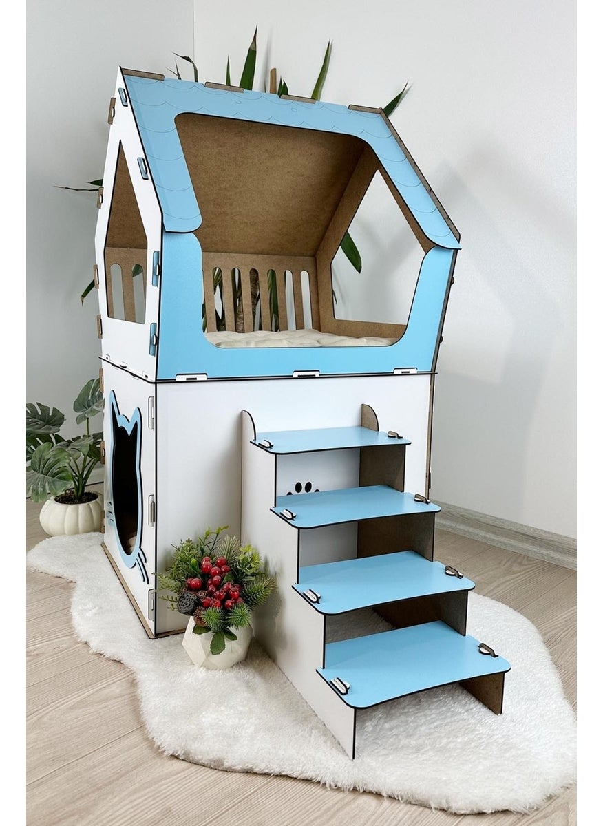 Mavi Trend - Blue Trend Wooden Large Cat House Xxl Open Terrace Model For Cats Above 5 kg Blue - White Color - Image 1