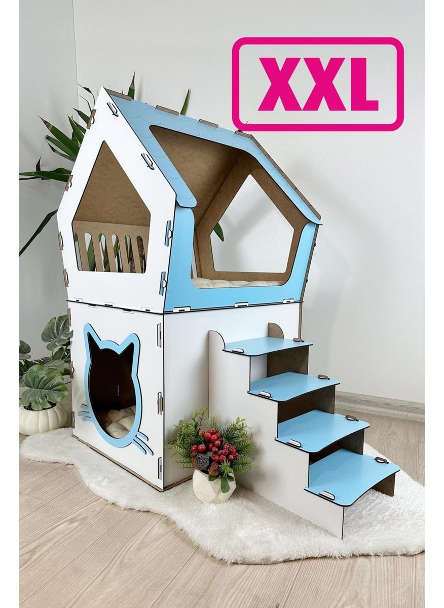 Mavi Trend - Blue Trend Wooden Large Cat House Xxl Open Terrace Model For Cats Above 5 kg Blue - White Color - Image 1