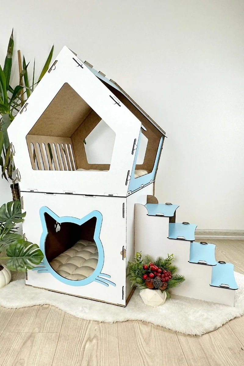 مافي تريند Blue Trend Wooden Large Cat House Xxl Open Terrace Model For Cats Above 5 kg Blue - White Color