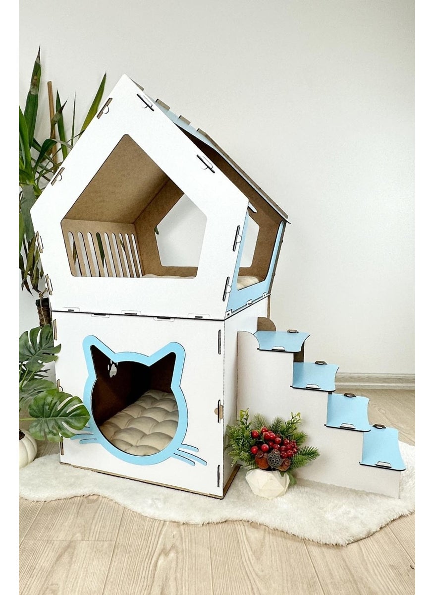 Mavi Trend - Blue Trend Wooden Large Cat House Xxl Open Terrace Model For Cats Above 5 kg Blue - White Color - Image 1
