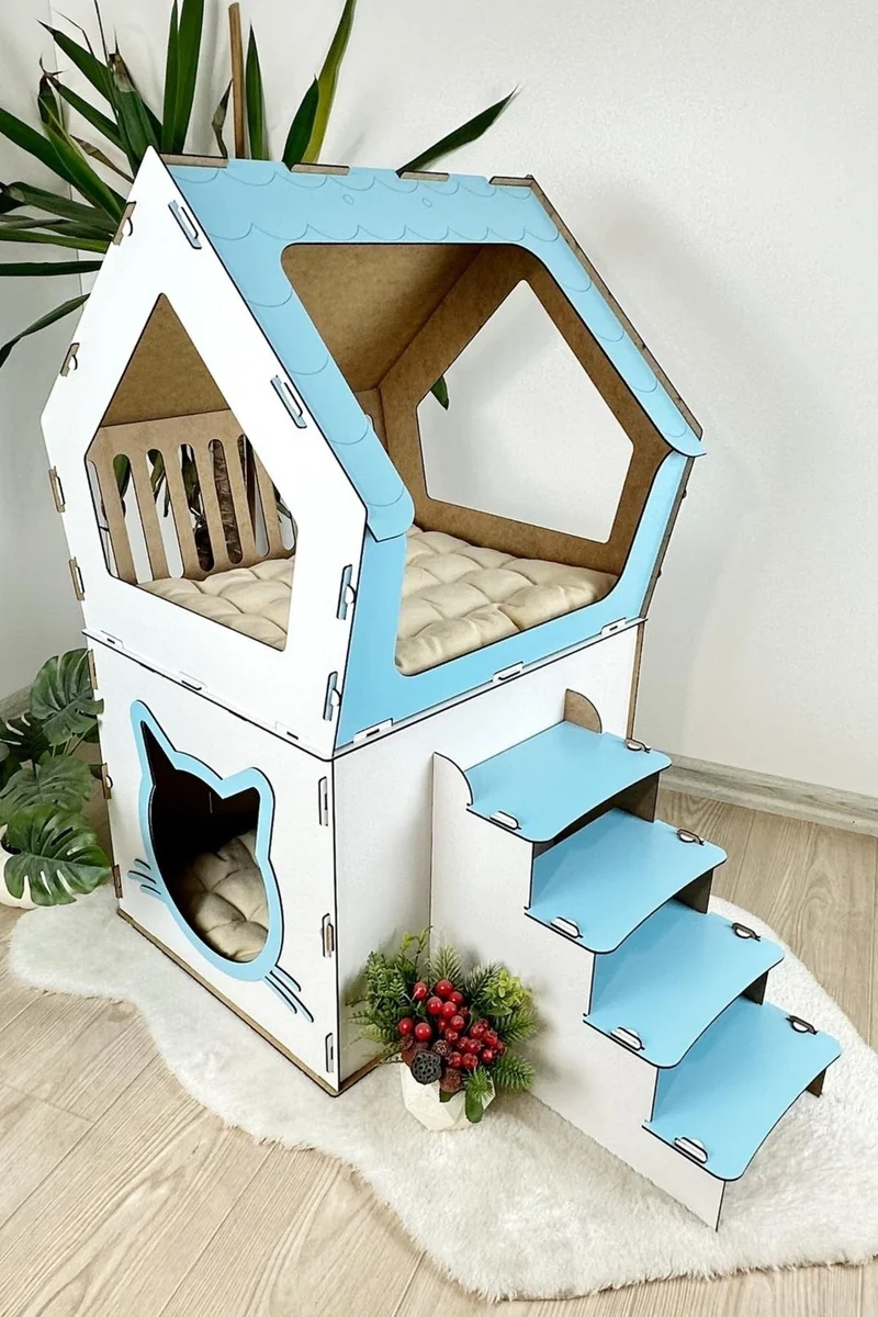 مافي تريند Blue Trend Wooden Large Cat House Xxl Open Terrace Model For Cats Above 5 kg Blue - White Color
