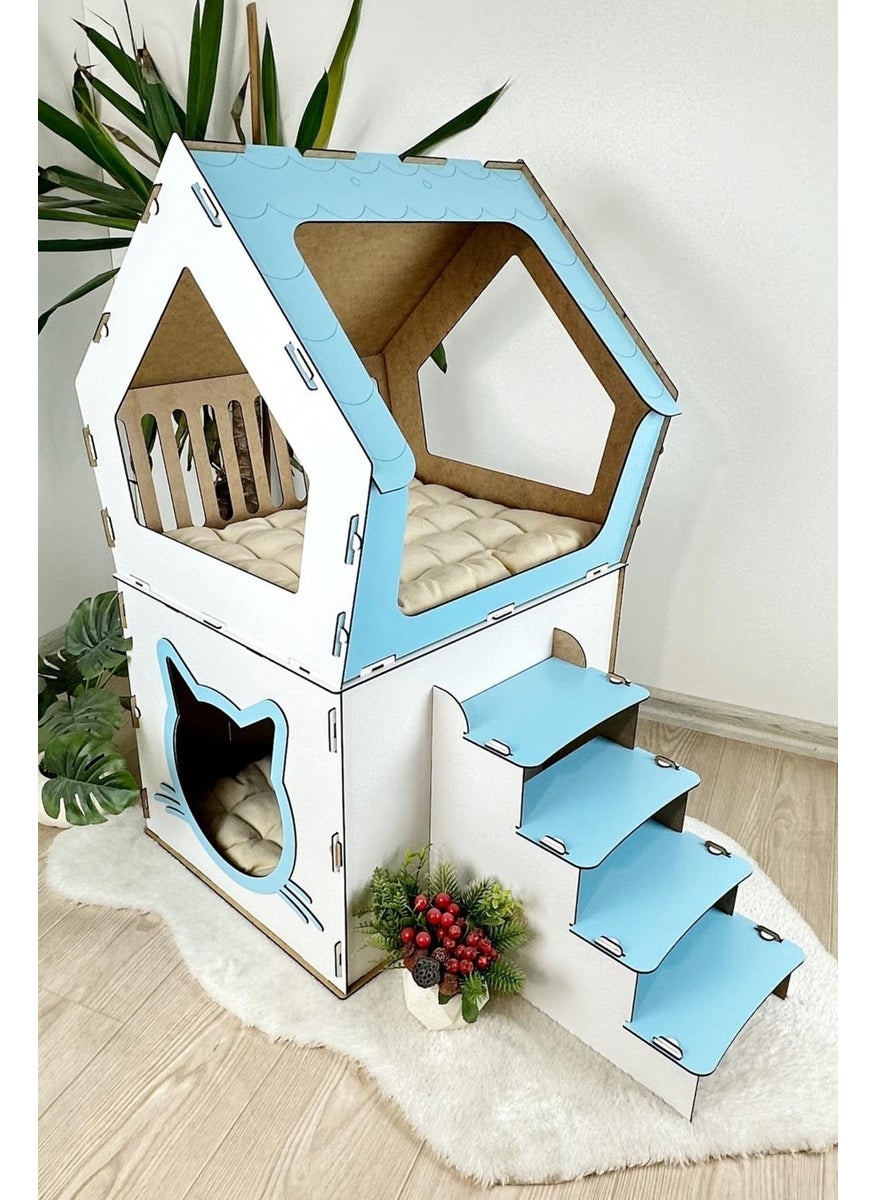 Mavi Trend - Blue Trend Wooden Large Cat House Xxl Open Terrace Model For Cats Above 5 kg Blue - White Color - Image 1