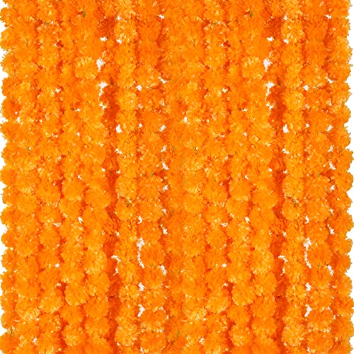Giegxin 15 Pack Marigold Garland for Decoration 5 ft Long Strands Faux Artificial Marigold Flowers Diwali Indian Wedding Party Mantle Decor for Da De Muertos Pooja Religious PongalLight Orange
