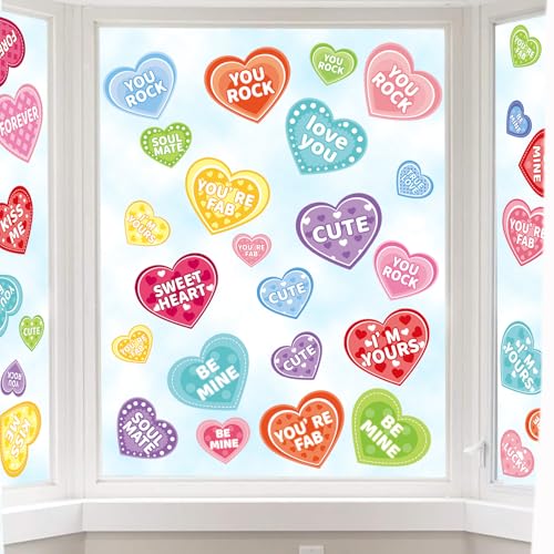 REJODA Hearts-Shape Valentine's Day Window Clings for Valentine's Decoration Wedding Party Birthday Party Supplies (9 Sheets 70Pcs Rainbow Color Love Hearts Double-Sided Sticker for Glass) - Image 1