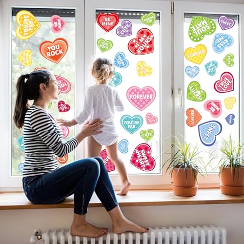 REJODA Hearts-Shape Valentine's Day Window Clings for Valentine's Decoration Wedding Party Birthday Party Supplies (9 Sheets 70Pcs Rainbow Color Love Hearts Double-Sided Sticker for Glass) - Image 4