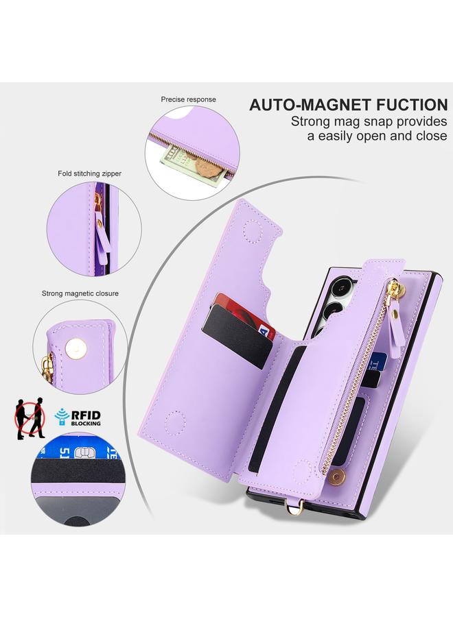 اس-توب جراب لهاتف Samsung Galaxy S24 Ultra 5G، جراب هاتف جلدي مزدوج بسحاب RFID مع حبل قصير - Image 3