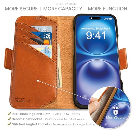 Dreem for iPhone 15 Pro Max Case Wallet, Revolutionary Phone Stand, Vegan Leather, MagSafe-Fit, Magnetic Detachable Flip Cover, RFID Blocking Card Holder, Gift-Box [Fibonacci:Caramel] - Image 2