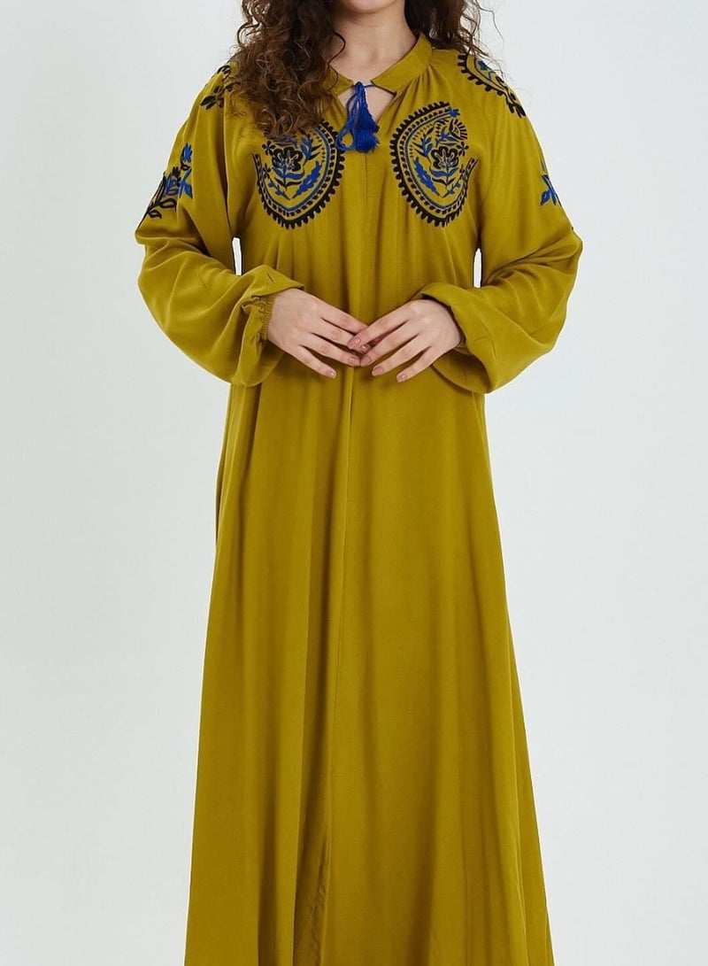 Embroidered viscose long maxi dress,Mustard  - Image 2