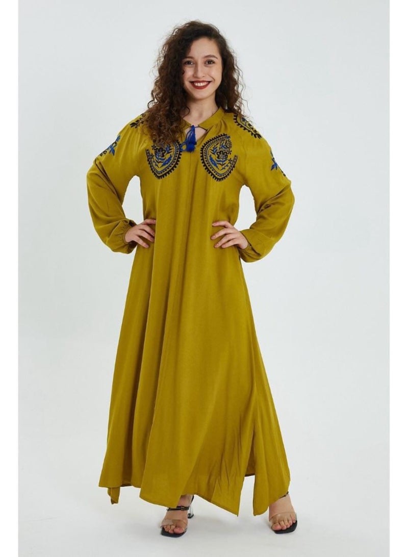 Embroidered viscose long maxi dress,Mustard  - Image 1