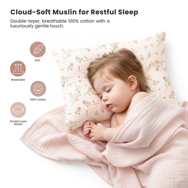 Konssy Muslin Toddler Pillowcase for 13x18 Pillow, 2 Pack Soft & Breathable Cotton Toddler Pillow Case, 100% Cotton Travel Pillow Covers for Baby Kids (Floral, Pink) - Image 2