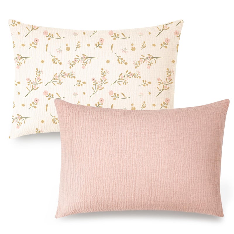 Konssy Muslin Toddler Pillowcase for 13x18 Pillow, 2 Pack Soft & Breathable Cotton Toddler Pillow Case, 100% Cotton Travel Pillow Covers for Baby Kids (Floral, Pink) - Image 1