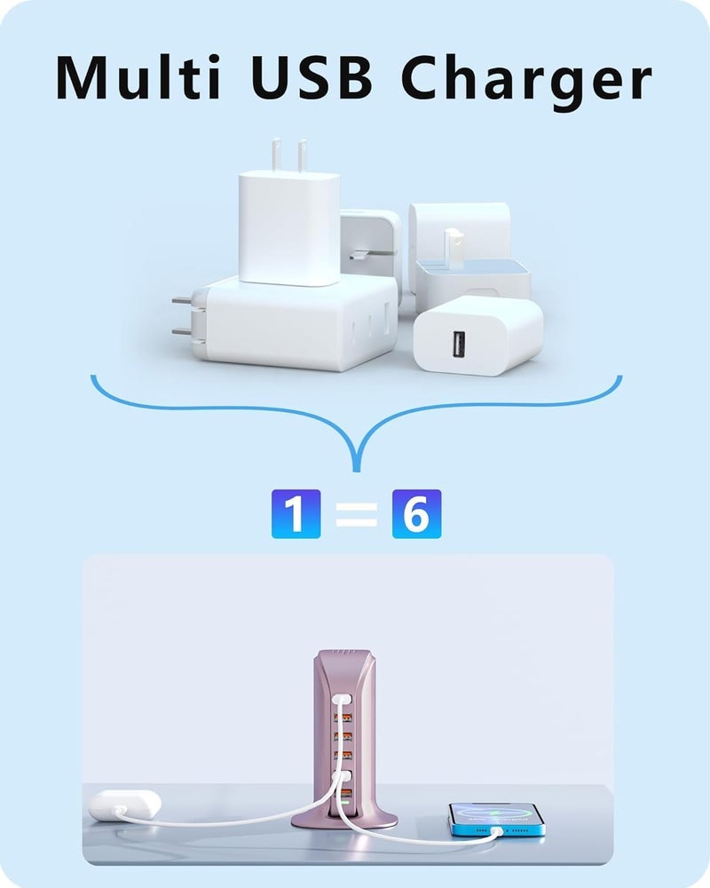 في اتش بي دبليو محطة شحن USB بقدرة 50 واط من VHBW، شاحن برج USB متعدد بمنافذ 6 لأجهزة iPhone 15/14/14 Pro/14 Pro Max وAndroid وSamsung (ذهبي وردي 50 واط) - Image 3