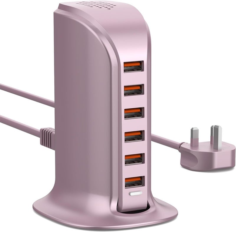 في اتش بي دبليو محطة شحن USB بقدرة 50 واط من VHBW، شاحن برج USB متعدد بمنافذ 6 لأجهزة iPhone 15/14/14 Pro/14 Pro Max وAndroid وSamsung (ذهبي وردي 50 واط) - Image 1