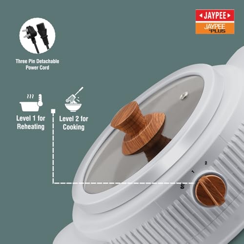 JAYPEE PLUS جايا بلس كوك سمارت كسرول كهربائي مع وعاء بطبقة تيفلون غير لاصقة لإعادة التسخين والطهي، كسرول للتقديم بغطاء خشبي نهائي ومقبض منظم مع غطاء زجاجي مقوى، 2000 مل، رمادي - Image 5