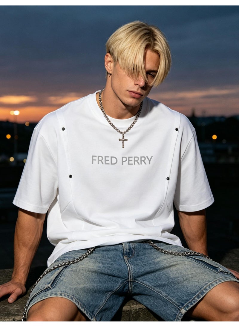 FRED PERRY men and women with the same heavyweight 100% cotton T-shirt, rivet decorative pleated round neck short sleeve casual T-shirt. - Image 2