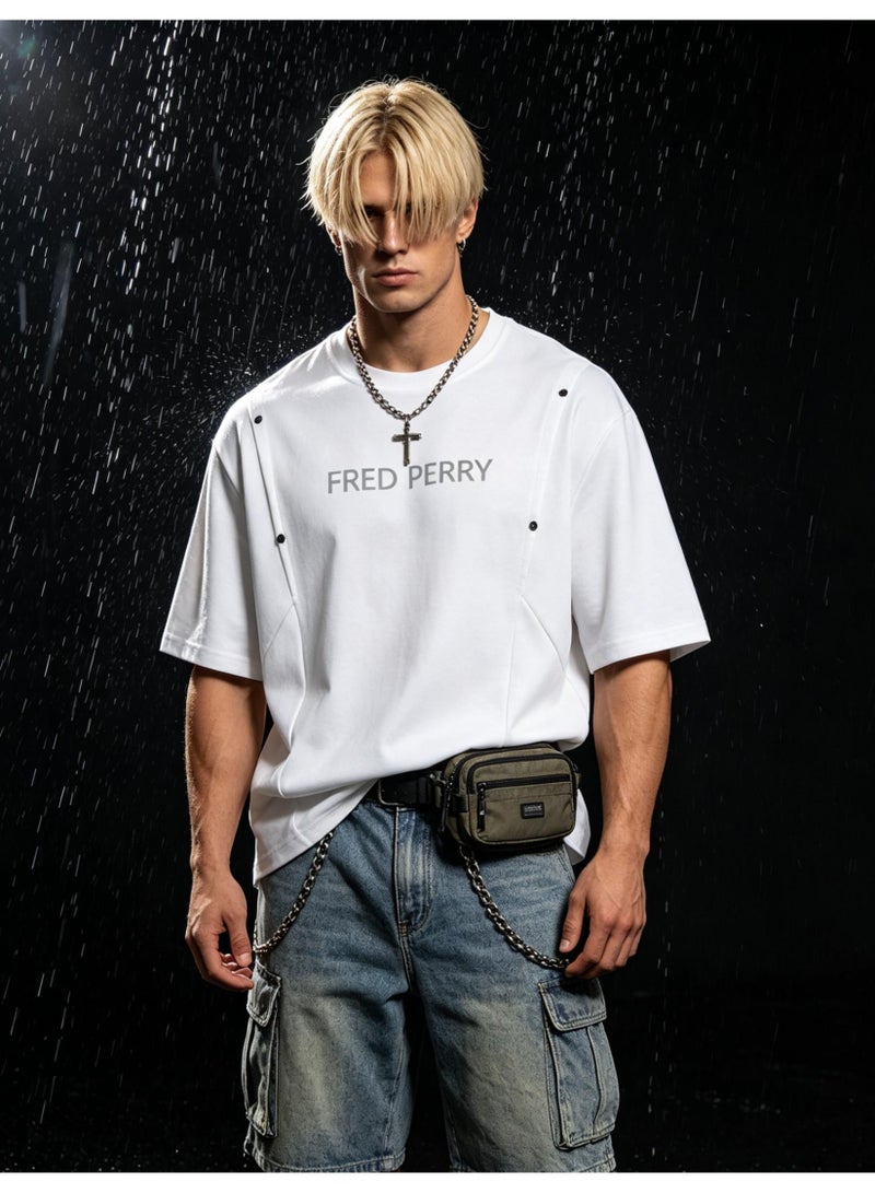FRED PERRY men and women with the same heavyweight 100% cotton T-shirt, rivet decorative pleated round neck short sleeve casual T-shirt. - Image 5