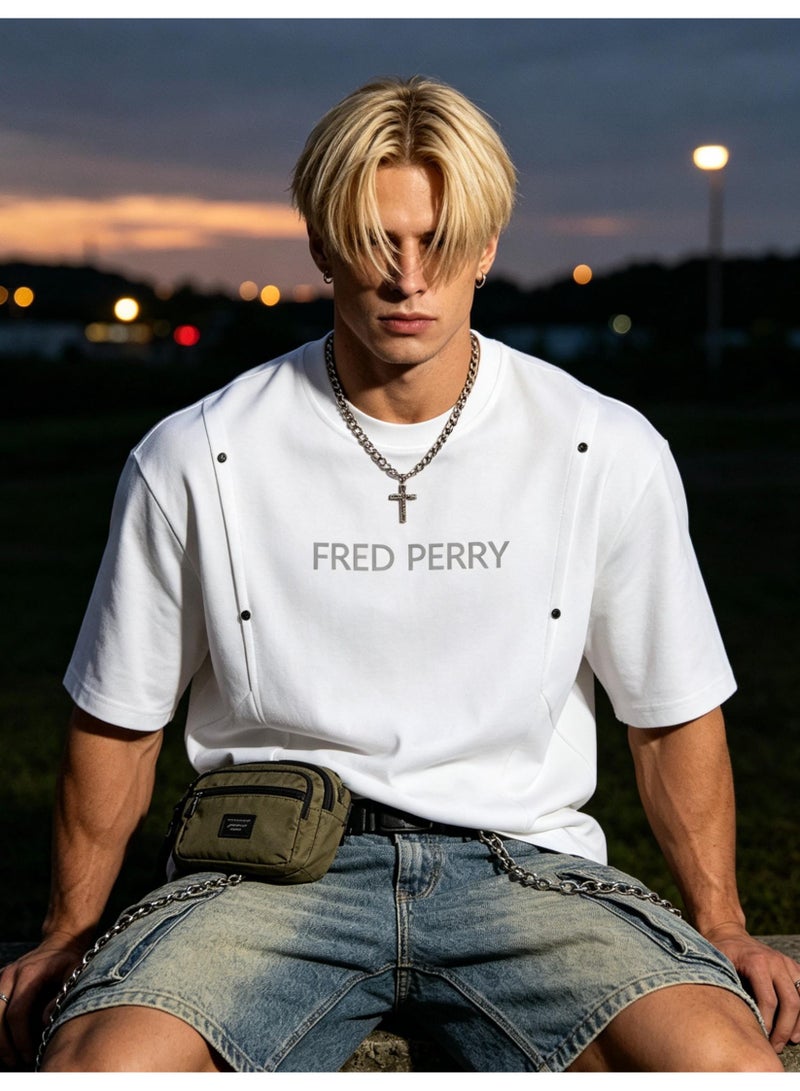 FRED PERRY men and women with the same heavyweight 100% cotton T-shirt, rivet decorative pleated round neck short sleeve casual T-shirt. - Image 4