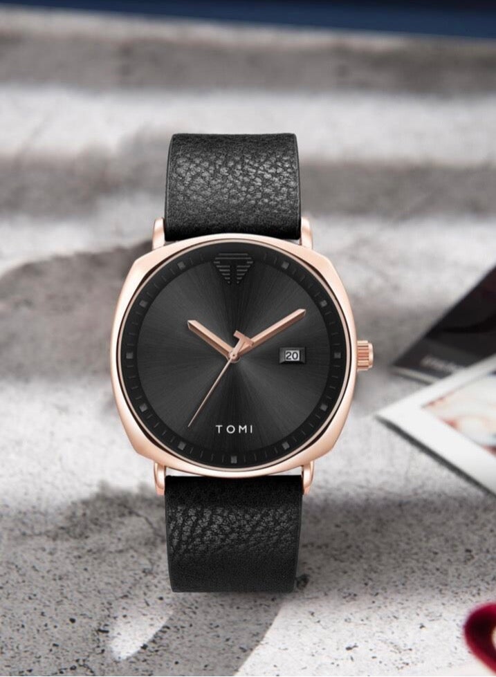 TOMI Black Leather Watch For Men And Women - Image 2