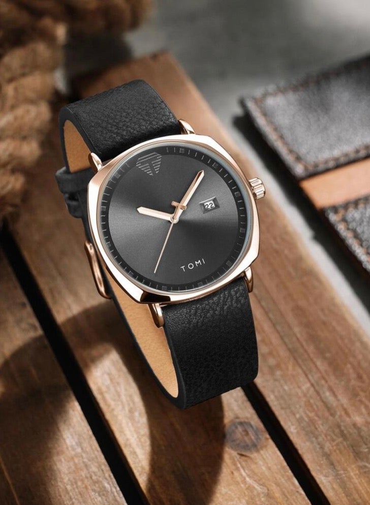 TOMI Black Leather Watch For Men And Women - Image 3