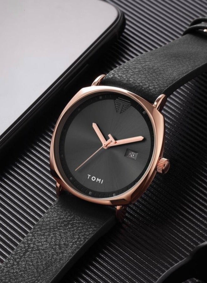 TOMI Black Leather Watch For Men And Women - Image 5