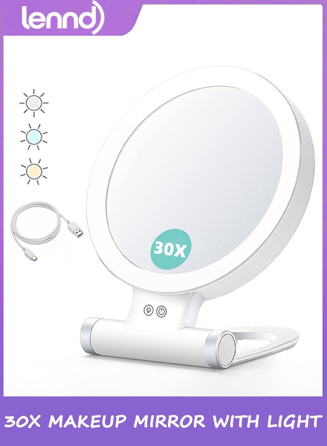 30x magnifying makeup mirror with light, double-sided 1x/30x magnifying makeup mirror, 3 color modes, adjustable brightness, foldable travel mirror