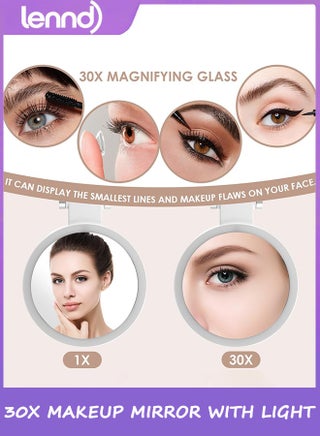 30x magnifying makeup mirror with light, double-sided 1x/30x magnifying makeup mirror, 3 color modes, adjustable brightness, foldable travel mirror - view 5