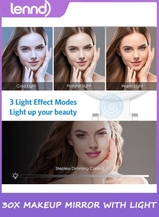 30x magnifying makeup mirror with light, double-sided 1x/30x magnifying makeup mirror, 3 color modes, adjustable brightness, foldable travel mirror - view 4